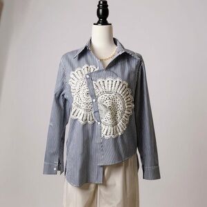 Blue Striped Women's Top with White Crochet Detail